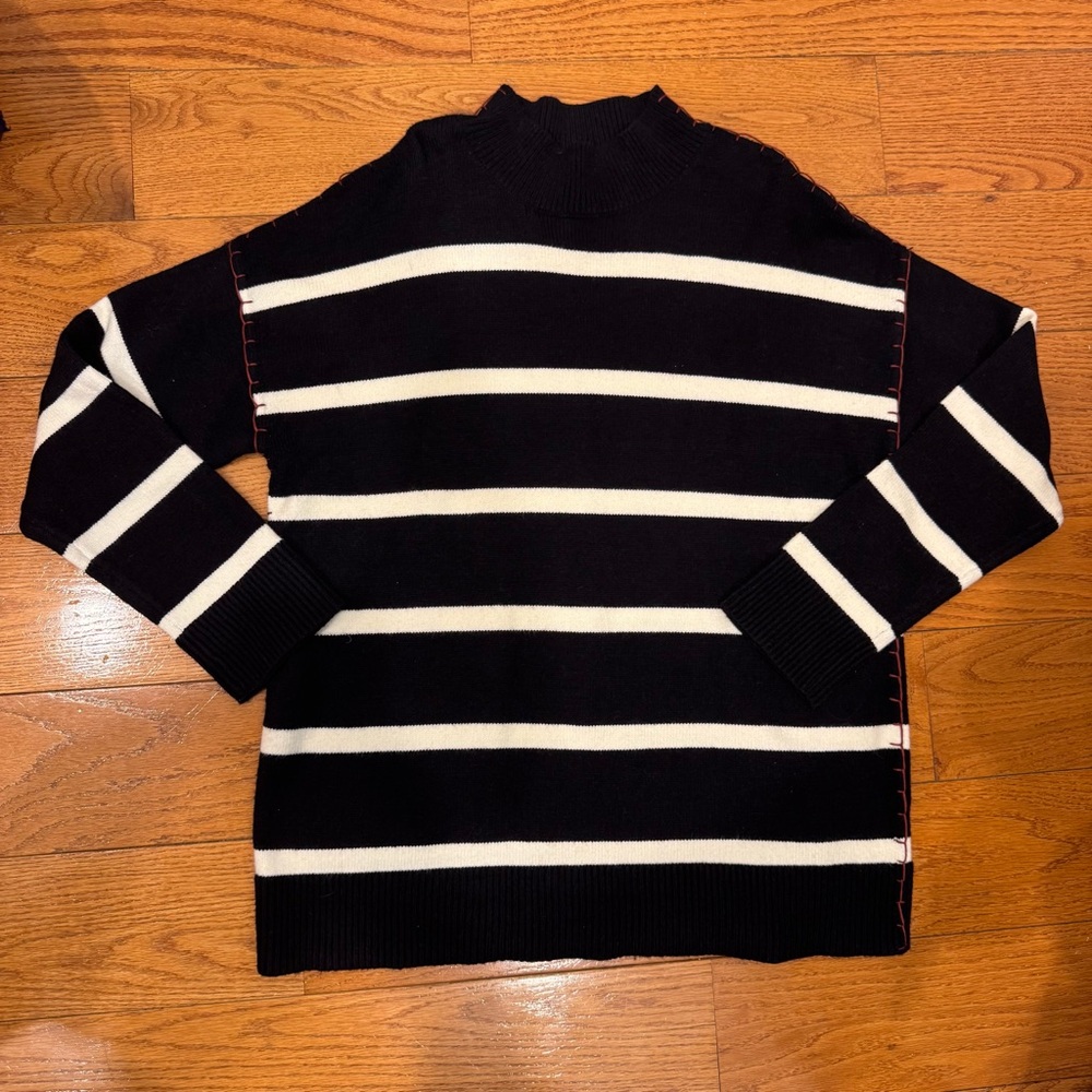 NWT Striped Mock Neck Black and White Sweater with Red Contrast Stitching Large